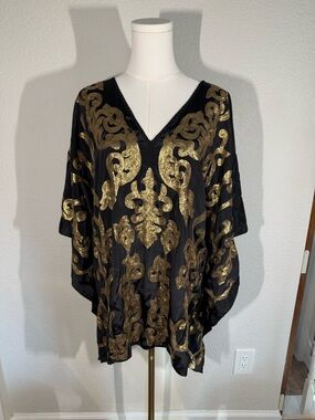 Chico's Black V-Neck Tunic with Gold Metallic Embellishment